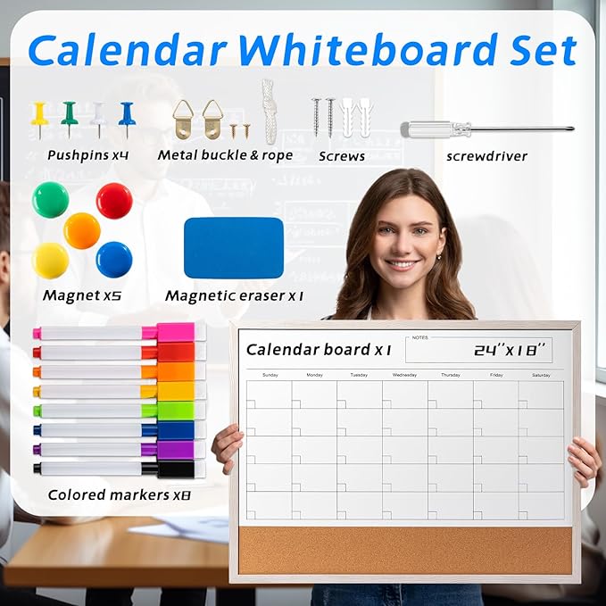 Dry Erase Calendar Whiteboard, 24" x 18" Magnetic Whiteboard Cork Board Combo, Reusable Monthly Planner with 8 Markers, Eraser, Magnets and Pushpins, Hanging Dry Erase Board for Home, School - White
