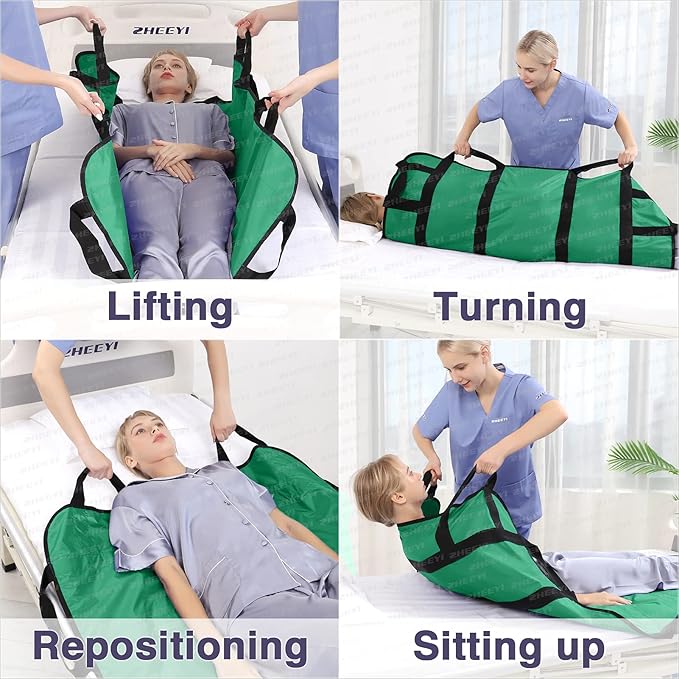 Positioning Bed Pad with Reinforced Handles 43" x 36" Patient Transfer Sheet Aid Assistant for Body Lifting, Turning, Repositioning, for Elderly, Incontinence, Caregiver, Green