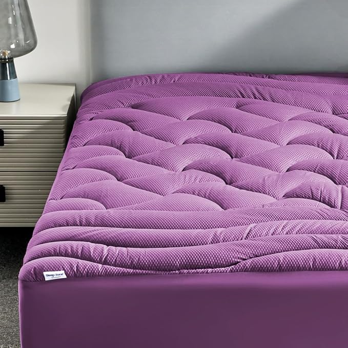 SLEEP ZONE Cooling Mattress Topper Twin XL for College Dorm, Premium Zoned Quilted Mattress Pad, Fitted Mattress Protector Cover Washable, Deep Pocket 8-21 inch, Purple, Twin XL