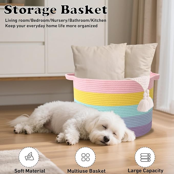 Large Storage Basket with Handle,23.6" x 23.6" x 15.7" Blanket Basket Storage Bins for Organizing,65L Cotton Rope Woven Baskets for Living Room, Nursery ,Bedroom,Colorful