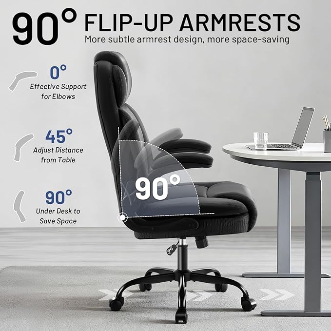 Ergonomic Office Chair with High Back Headrest, PU Leather Executive Desk Chair - Padded Flip-Up Armrests, Lumbar Support, Swivel Computer Chair for Home Office & Gaming, Black