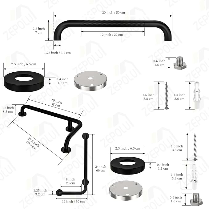 Black L-Shaped Grab Bar 12x24 Inch + Knurled Shower Grab Rail 20 Inch, Zepolu Stainless Steel Toilet Safety Bar 90 Degree, Angled Balance Support Assist Bar for Elderly, Bathroom Mobility Aid Handrail