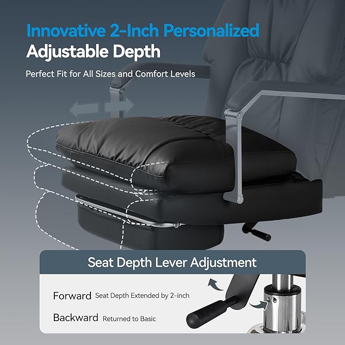 Reclining Office Chair with Footrest - 25.6" Wide Seat & Adjustable Seat Depth, Big and Tall High Back Leather Executive Home Office Desk Chair 400lbs, Black