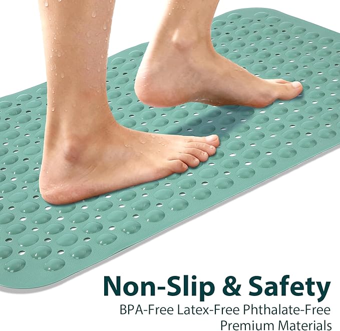 Large Shower Mat 21.5x33.5 Inch Mars Green, Soft Non Slip Shower Mats for Inside Shower with Big Suction Cups Drain Holes, Extra Large Bath Bathtub Mat Floor Stall Mats, BPA-Free, Easy Clean