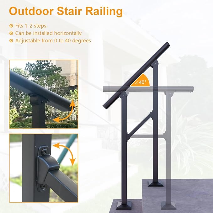 DIYHD 2 Step Handrail for Outdoor,Powder Coated Iron Stair Railing,Black Hand Rails for Indoor, Porch,Deck,1 Pack
