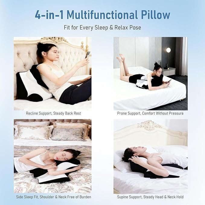 Bed Rest Reading Pillow，Chin and Back Support Pillow，Headboard Wedge Pillow，Ergonomic Memory FoamLying, Reclining, and Prone Sleepers，Sitting up Pillow，Relieve Neck/arm Pain-Black