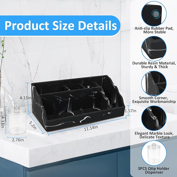 Marble Bathroom Countertop Organizer, Black Toothbrush Holders for Bathrooms Counter Organizer with 3PCS Qtip Dispenser, Toothbrush and Toothpaste Holder for Bathroom Organization Vanity Storage