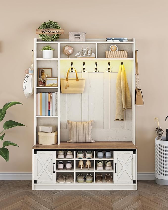47.2" Hall Tree, LED Farmhouse Entryway Storage and Coat Rack Wood, Entryway Furniture with 7 Hooks, Hall Tree with Bench and Storage, 6 Storages Partitions Shoe Bench, Rustic White HT24614X