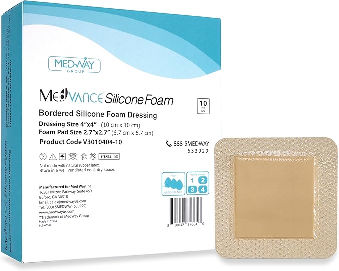 MedVance TM Silicone - Bordered Silicone Adhesive Foam Dressing Size 4"x4" (2.7"x2.7" pad), Box of 10 dressings