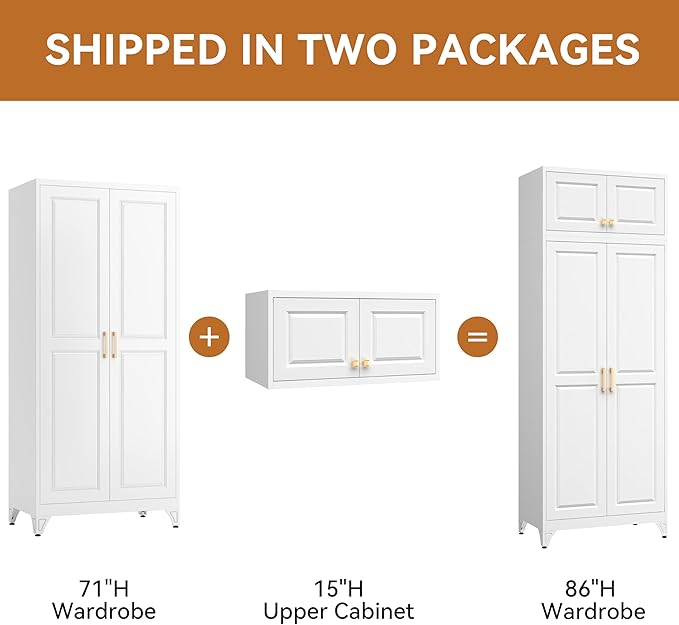 Metal Armoire Closet, 86 Inch Tall Wardrobe Armoire with Hanging Rod, Almirah for Clothes with Doors, 18" D x 32" W x 86" H, White, Assemble Required, Shipped in Two Packages