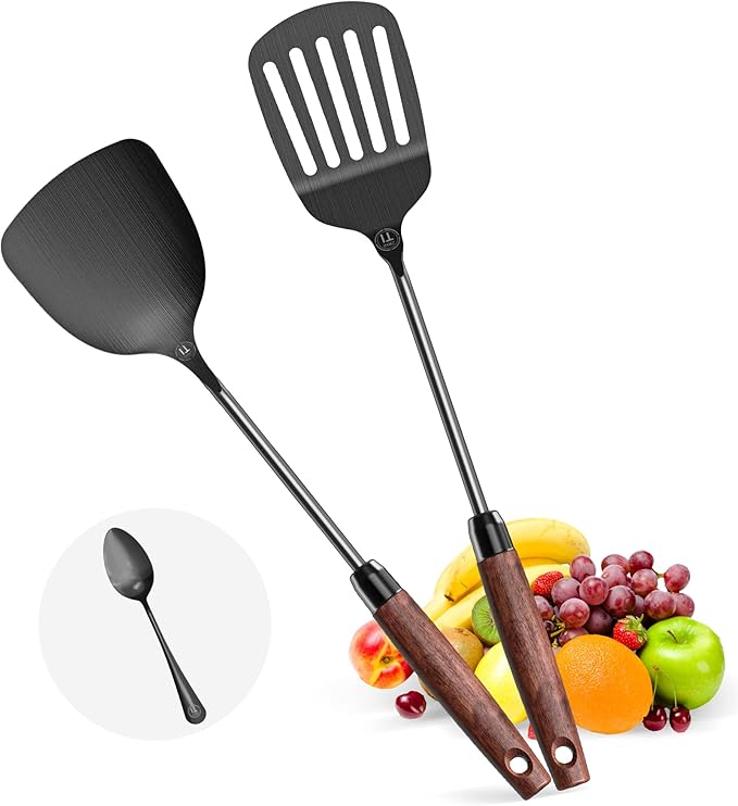 3-Piece Pure Titanium Kitchen Utensil Set - Metal Spatula, Slotted Spatula & Bonus Spoon, Food Grade Pancake Cooking Tools, Dishwasher Safe