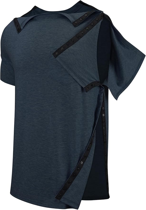Men's Post Shoulder Surgery Recovery Shirts Tear Away Short Sleeve Full Open Side Snap Dialysis Chemo Clothing