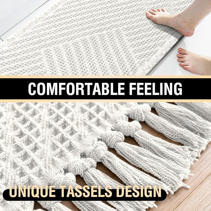 H.VERSAILTEX Waffle Bath Runner Rug Long Bath Mat Super Absorbent Boho Bath Rugs Non Slip Bath Runner for Bathroom Floor Machine Washable Dry Fast Bathroom Rugs with Tassels, 24" x 60", Ivory White