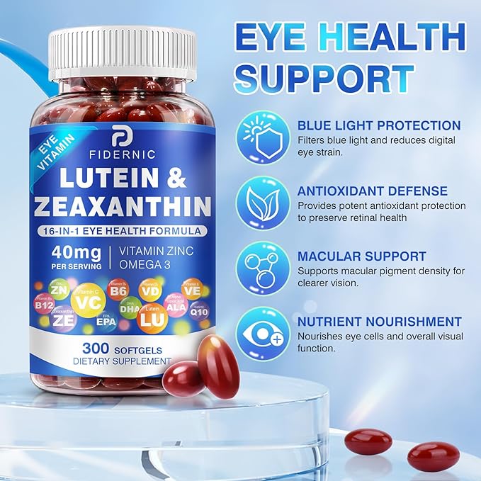 Lutein and Zeaxanthin Supplement - Eye Vitamins, 40 mg Lutein & 8 mg Zeaxanthin with Vitamins C, E, Zinc, Omega-3 & CoQ10 for Blue Light Protection, Eye Health Support  - 300 Softgels