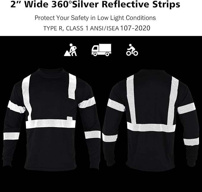 VENDACE Safety Reflective High Visibility Long Sleeve Shirts ANSI Class 3 Hi Vis Construction Work T Shirts for Men