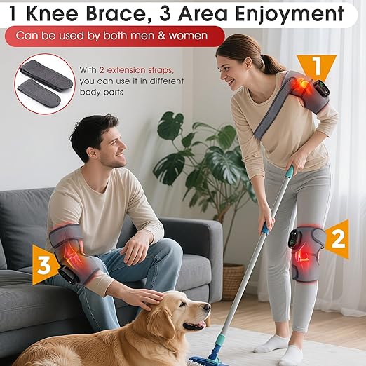 Cordless Heated Knee Massager with Vibration, Heated Knee Brace Wrap Heating Shoulder Brace Support Wrap for Knee Shoulder Elbow, Heating Pad with 6 Heating Levels, 3 Massage Modes & Timer (Grey)