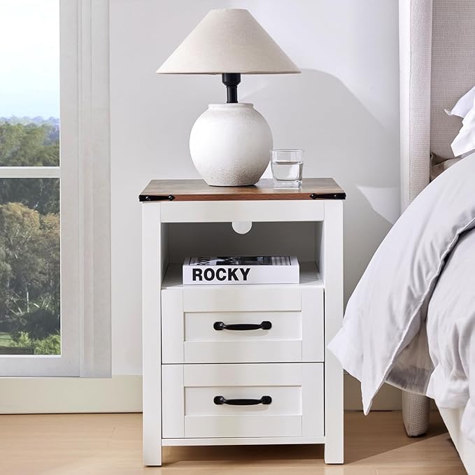 White Rustic Night Stand Set of 2, Farmhouse End Table, Modern Bedside Table with 2 Storage Drawers and Open Shelf, Tall Nightstand for Bedroom