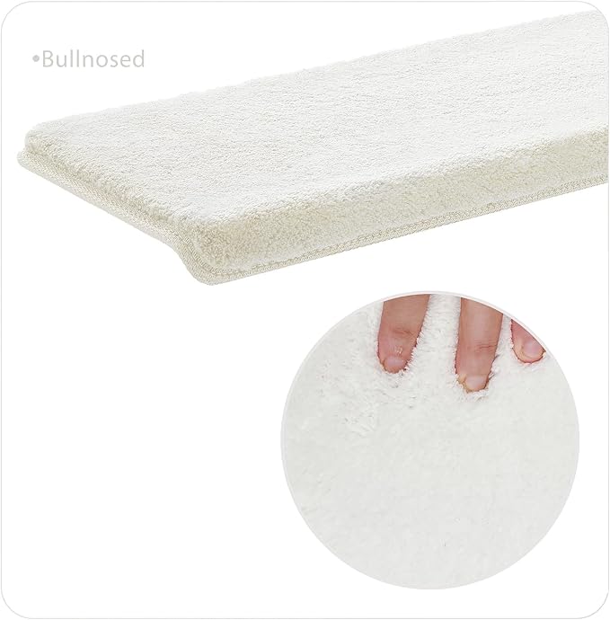 PURE ERA Carpet Stair Treads Ultra Plush 9.5" X 30"Soft Bullnose Indoor Stair Protectors Pet-Friendly Non-Slip Skid Resistant Tape Free Washable Reusable(2 Pieces,White)
