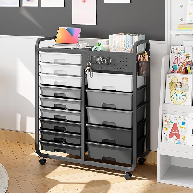 Rolling Storage Cart with Drawers, Storage Organizer Cart with Wheels and Wooden Tabletop,Utility Cart for Living Room, Classroom, Bedroom,Bathroom,Dorm,Office (Grey)