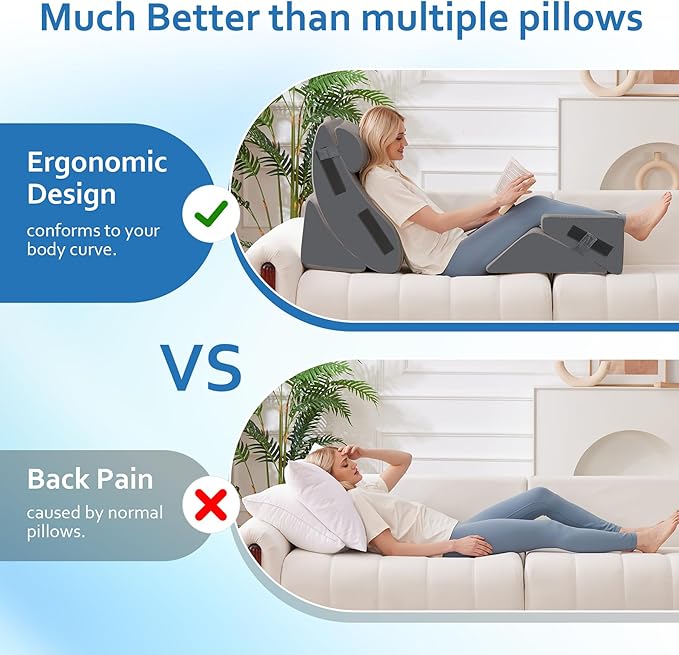 5Pcs Orthopedic Bed Wedge Pillow Set for After Surgery, Adjustable Wedge Pillow for Acid Reflux Relief, Bed Wedge Pillow Post Surgery, Memory Foam Wedge Pillows for Sleeping, Grey