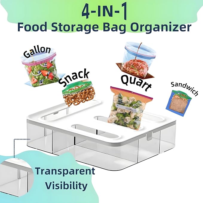 4-in-1 Food Storage Bag Organizer, Kitchen Drawer Plastic Bag Organizer, Lightweight and Durable Storage Baggie Organizer with Quart Gallon Snack Sandwich Bag Stickers (White/Clear)