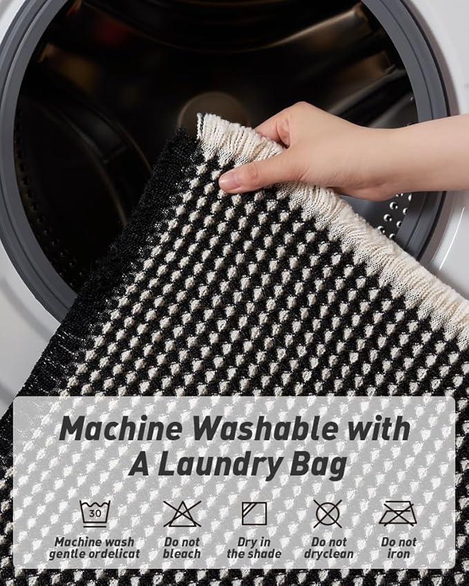 AMOAMI Upgraded Waffle Runner Rug Super Absorbent Non Slip Bath Mats for Bathroom Machine Washable Bathroom Runner Rug with Tassels, Ideal for Hallway Bedroom Laundry Room, 2' x 6', Black & Cream