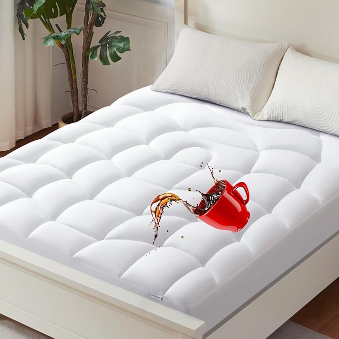 Unikome King Mattress Pad Waterproof, Ergonomic Quilted Mattress Topper for Back Pain Relief – Breathable Bed Cover with Deep Pocket (Fits 8-21 Inches), Noiseless & Machine Washable (White, 78x80)