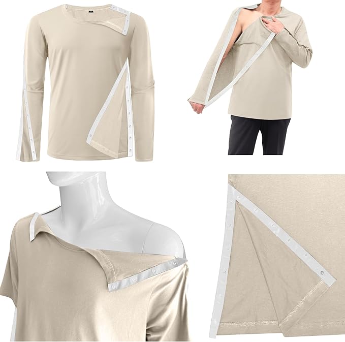 Unisex Post Shoulder Surgery Recovery Shirts - Full Tear Away Snap Long Sleeve Men Chemo Port Shirts for Men Women