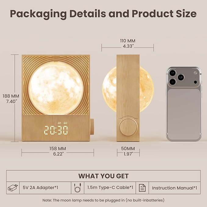 Sunrise Alarm Clocks for Heavy Sleepers,Rotatable Moon Light with Gentle Wake-Up,Clock Night Lamp for Bedrooms - Snooze,10 Light Effects,10 Nature Sounds,15 Ringtones for Adults,Kids,Nursery
