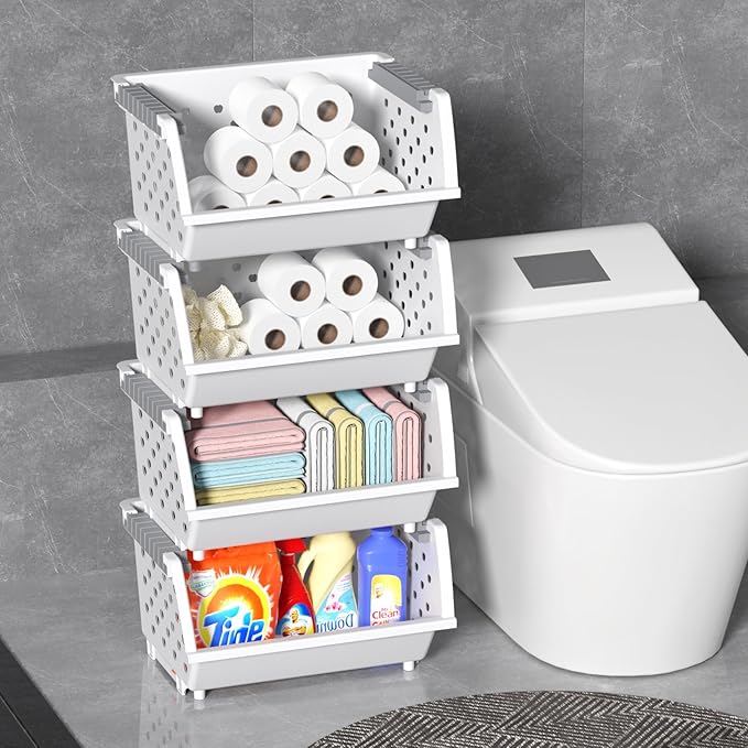 4 Pack Plastic Stacking Basket Organizer, Large Kitchen Open Front Stacking Storage Bins, White