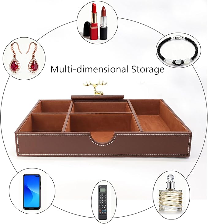 Jewelry Trays Nightstand Organizer, Valet Tray for Men and Women, Tray Organizer,Can hold Mobile phones, watches, cosmetics, keys. Dark Brown Faux Leather, 5 Compartment