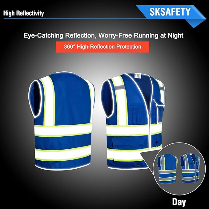 SKSAFETY 10 Pockets Safety Vest, Class 2 High Visibility Security with Zipper, Hi Vis Vest with Reflective Strips, ANSI/ISEA Standard, Construction Work Vest for Men ＆ Women （Blue, 2XL）