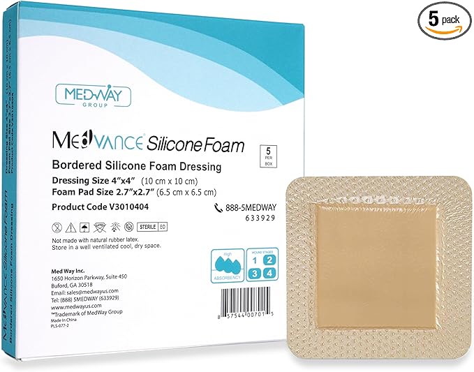 MedVance TM Silicone - Bordered Silicone Adhesive Foam Dressing Size 4"x4" (2.7"x2.7" pad), Box of 5 dressings