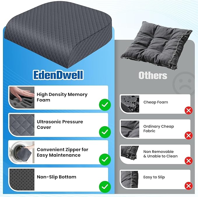 Seat Cushion, Memory Foam Chair Pad, Non-Slip Cushion for Office, Home, Car, Large Desk Chair Cushion, Washable Cover & Handle, X-Large, Grey