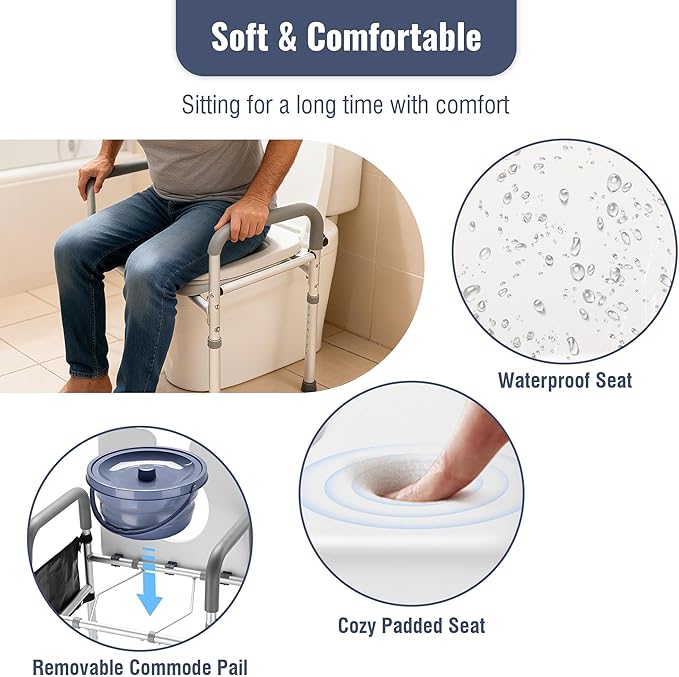AW Raised Toilet Seat Riser Adjustable Height 16" to 21" Padded Bedside Commode Bedpan with Handles Aluminum 375 Lbs Capacity Fit Any Toilet for Elderly Seniors Disabled Handicapped