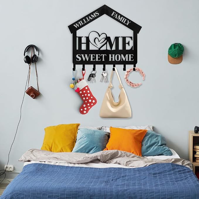 Personalized Key Holder for Wall | Sweet Home Key Holder Wall Mounted | Black Metal Key Hanger Wall Decorative | Housewarming Gifts | Key Rack Organizer for Living Room, Bedroom, Entryway