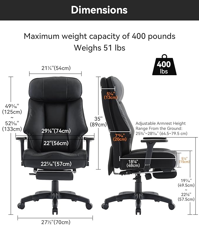 DJ·Wang Big and Tall Office Chair 400lbs with Foot Rest, High Back Executive Office Chair with Extra-Thick Spring Cushion, Ergonomic Leather Chairs Black