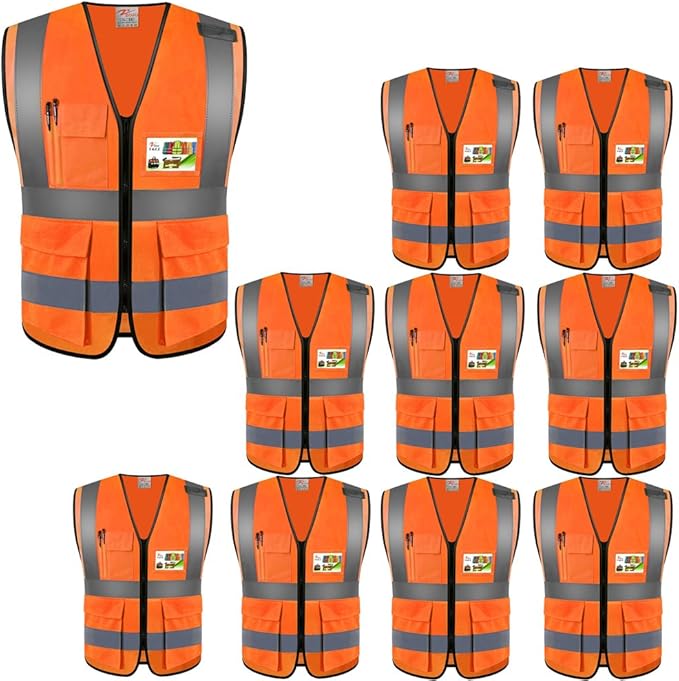 zojo High Visibility Safety Vests With Pockets, for Outdoor Works, Cycling, Jogging, Walking,Sports - for Men and Women (Pack of 10, XXXL-Orange)