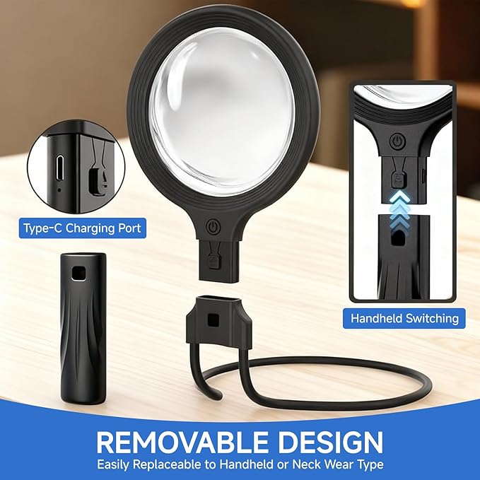 Neck Magnifying Glass with LED Light – 5X/10X Dual Lens, Hands-Free & Handheld, Adjustable Brightness, Perfect for Seniors, Crafters, Sewing, Reading & Repairing,Type-C Charging