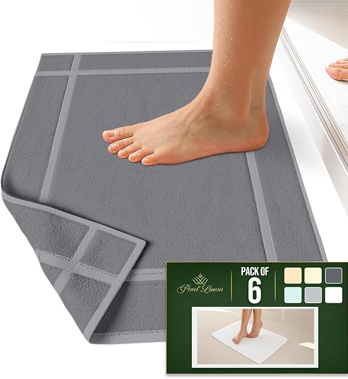 Pearl Linens 100% Ring Spun Cotton Bath Mat (Pack of 6) 20 x 30 Inch, Washable, Soft & Absorbent Terry Bathroom Floor Mat – Not Bathroom Rugs – Quick-Dry After Shower Bath Mat, 687 GSM, Light Grey