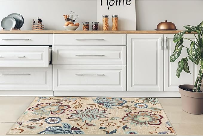 Beeiva Floral Washable 3x5 Area Rugs, Paisley Non Slip Rugs for Bedroom, Throw Ultra Thin Beige Carpet Entryway Carpets with Rubber Backing for Bathroom Kitchen Office