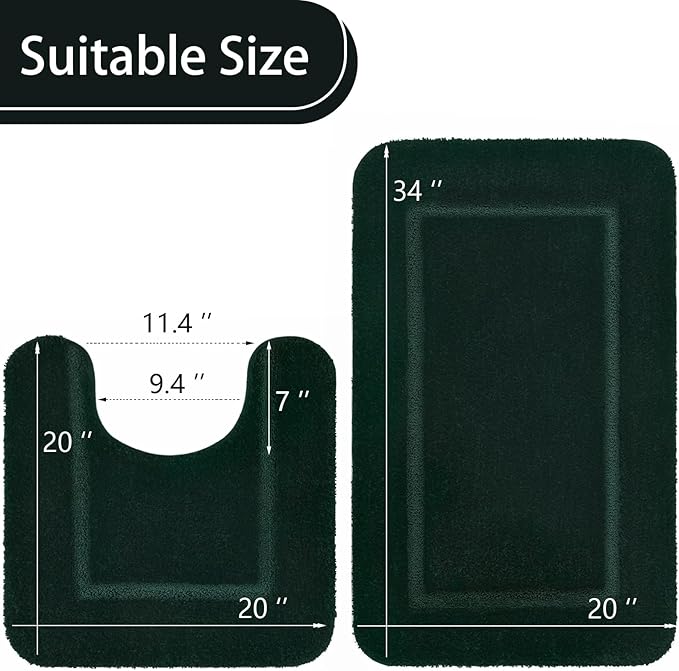 LOCHAS Bathroom Rug Set Hunter Green, Soft Bath Rug Set 2 Piece Set, Toilet Mat U-Shaped 20x20 and 34x20 Bath Rugs, Quickly Dry Mats for Bathroom, Tub, Washable, Super Absorbent Floor Mat