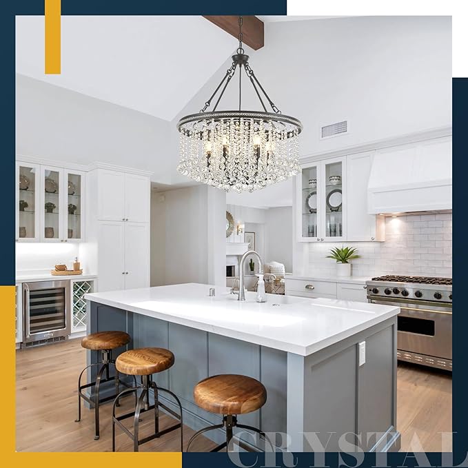 6-Light Black Crystal Chandelier Modern 21.6'' Contemporary Round Pendant Chandeliers Crystal Ball Luxury Ceiling Hanging Lighting for Living Dining Room Kitchen Island Bedroom Entryway Foyer