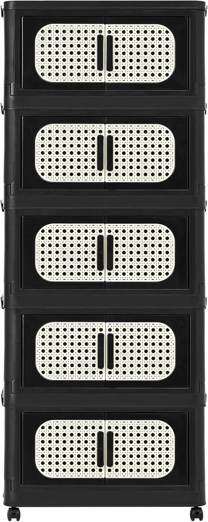 5 Tiers Folding Storage Cabinet,20" Side Wide Stackable Storage Bins with Doors and Wheels, Space Saving Plastic Cabinet for Living Room, Office, Dorm, Retro Black
