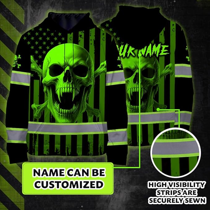 Matedecor Skull US Flag Reflective High Visibility Hoodie For Men Construction Hi Vis Safety Workwear Custom Name