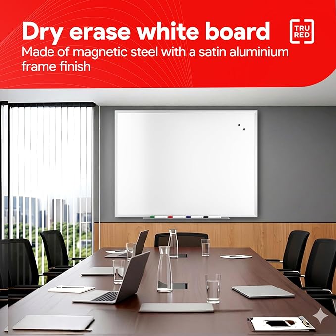 TRU RED Steel Magnetic Whiteboard | Dry Erase Board for Wall, White Board with Satin Frame, 4 ft x 3 ft, 4 Multicolor Markers Included