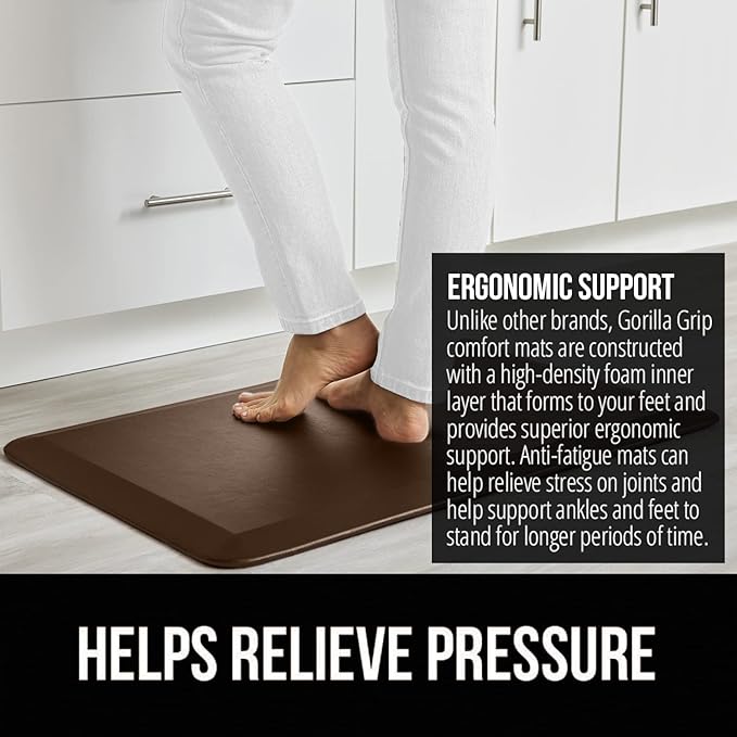 GORILLA GRIP Comfortable Cushioned Kitchen Mats for Floor, 39x20, Waterproof and Stain Resistant Soft Top, 3/4 Inch Thick Ergonomic Standing Desk Anti Fatigue Mat, Foam Supports Ankles and Feet, Brown