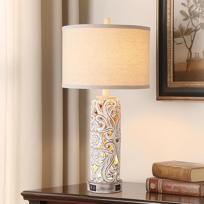 Set of 2 Rustic Farmhouse Table Lamps for Living Room Bedroom, Vintage Bedside Lamp with Dual USB Port, Antique White Resin Retro Nightstand Lamps with Night Light