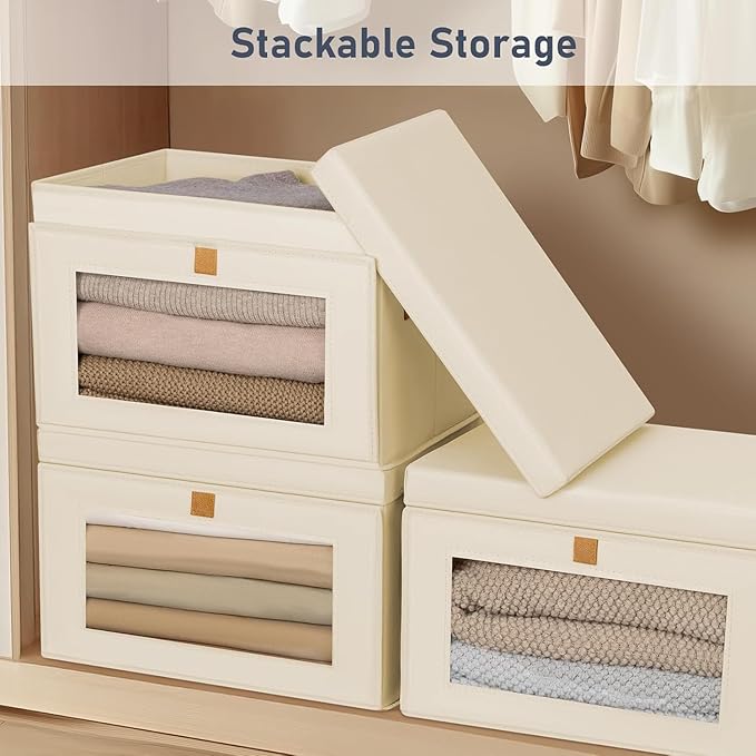 DIMJ Storage Bins with Lids - 8 Pack Large Fabric Closet Organizer with Window & Handles, Collapsible Decorative Storage Boxes for Shelves Under Bed, Books Clothes Blankets Sweaters Organization