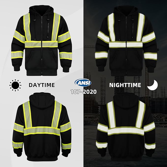 GLIMMR High Visibility Safety Hoodie Reflective ANSI Class 3 Sweatshirts for Men Hi Vis Construction Work Zipper Jackets